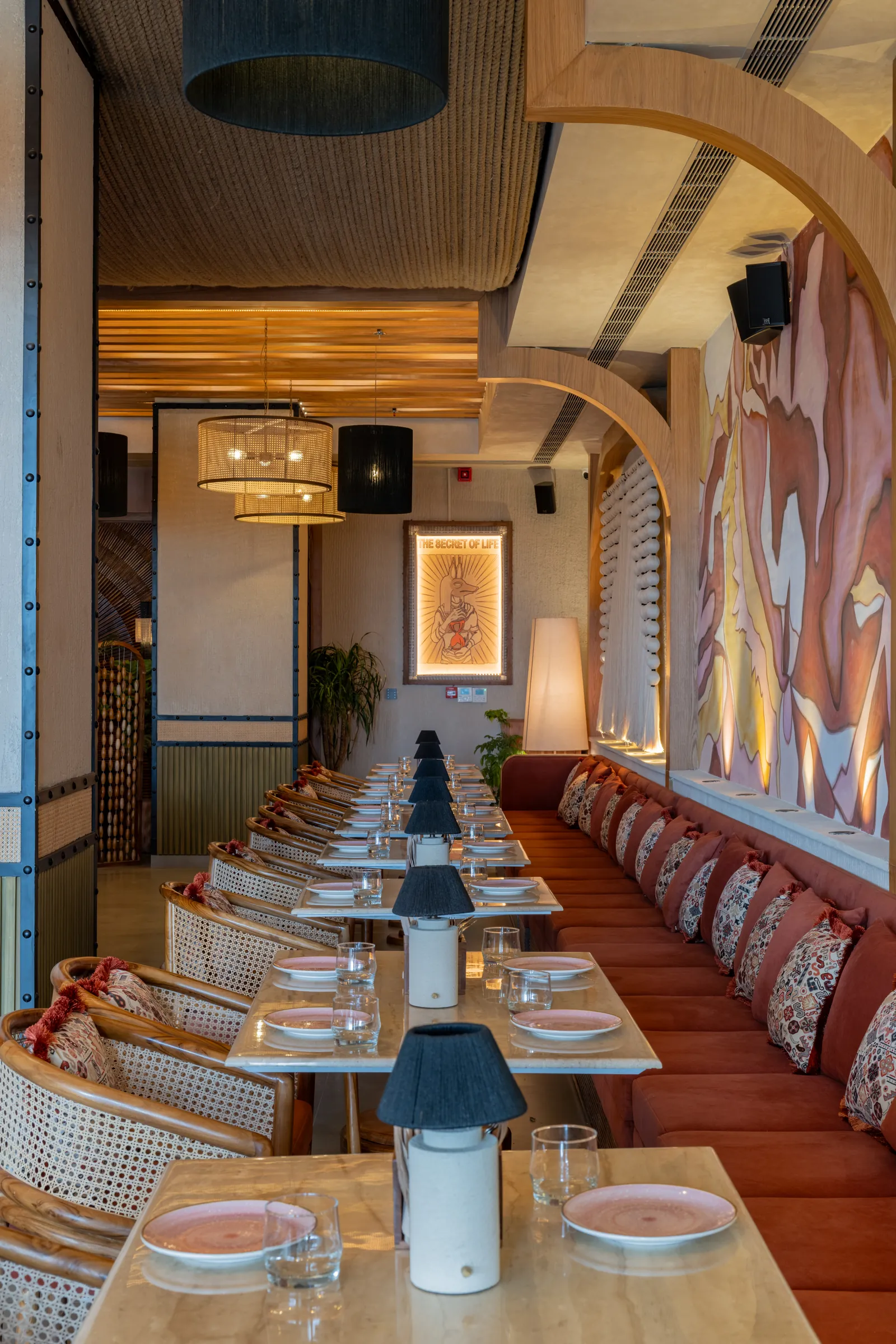 The banquette running the length of the room