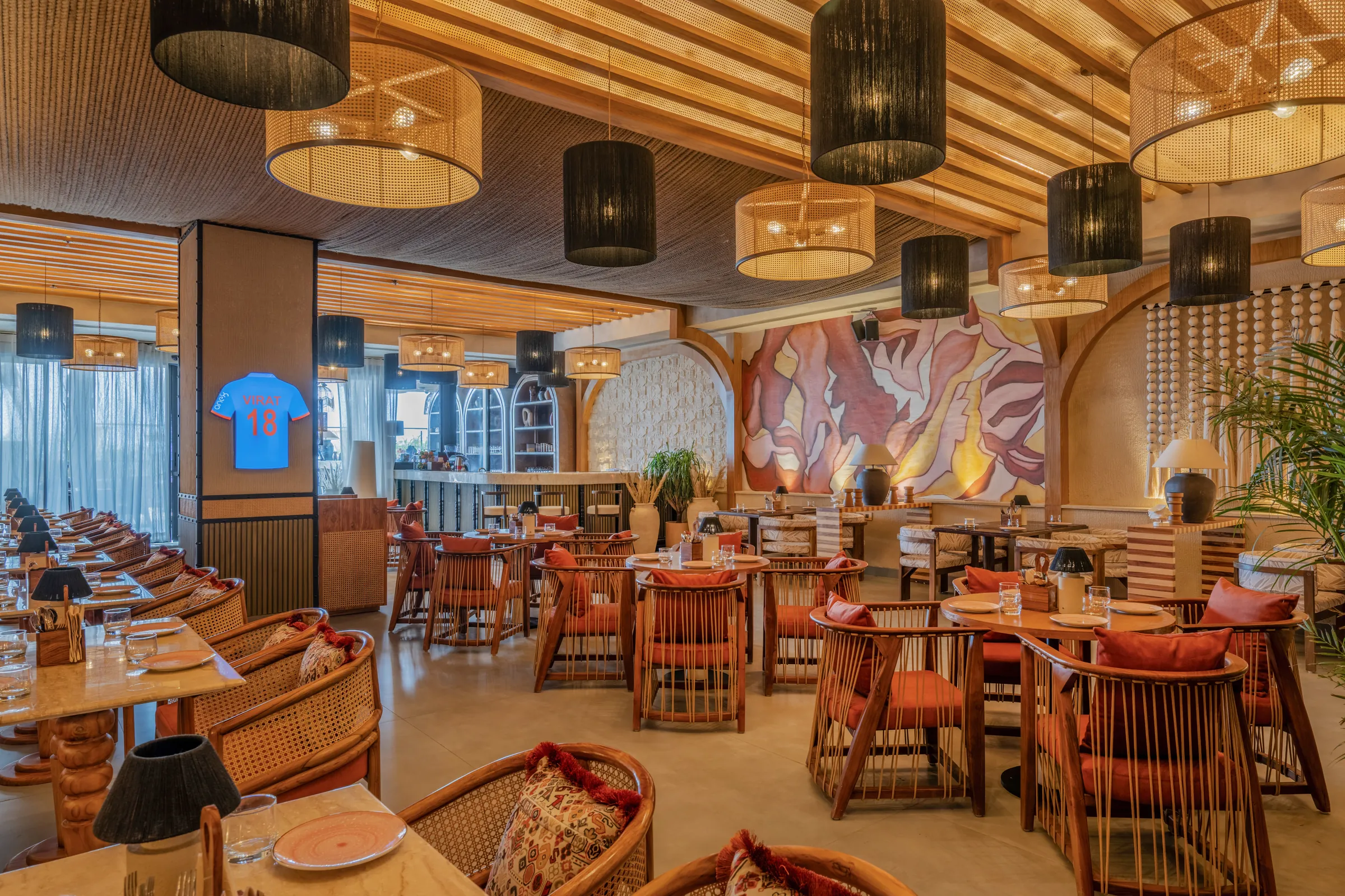 Terracotta murals over the dining room