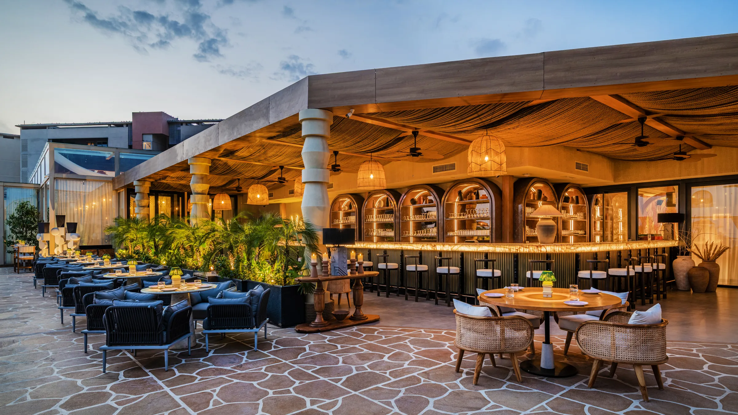The terrace bar and lounge at dusk