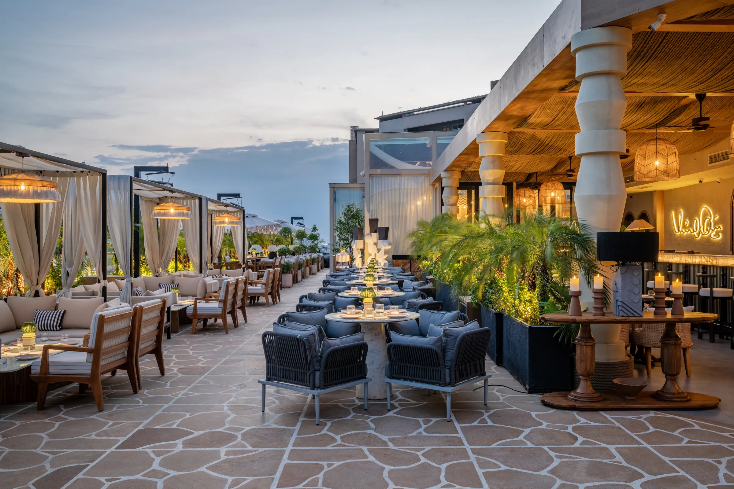 Lounge seating along the terrace planters